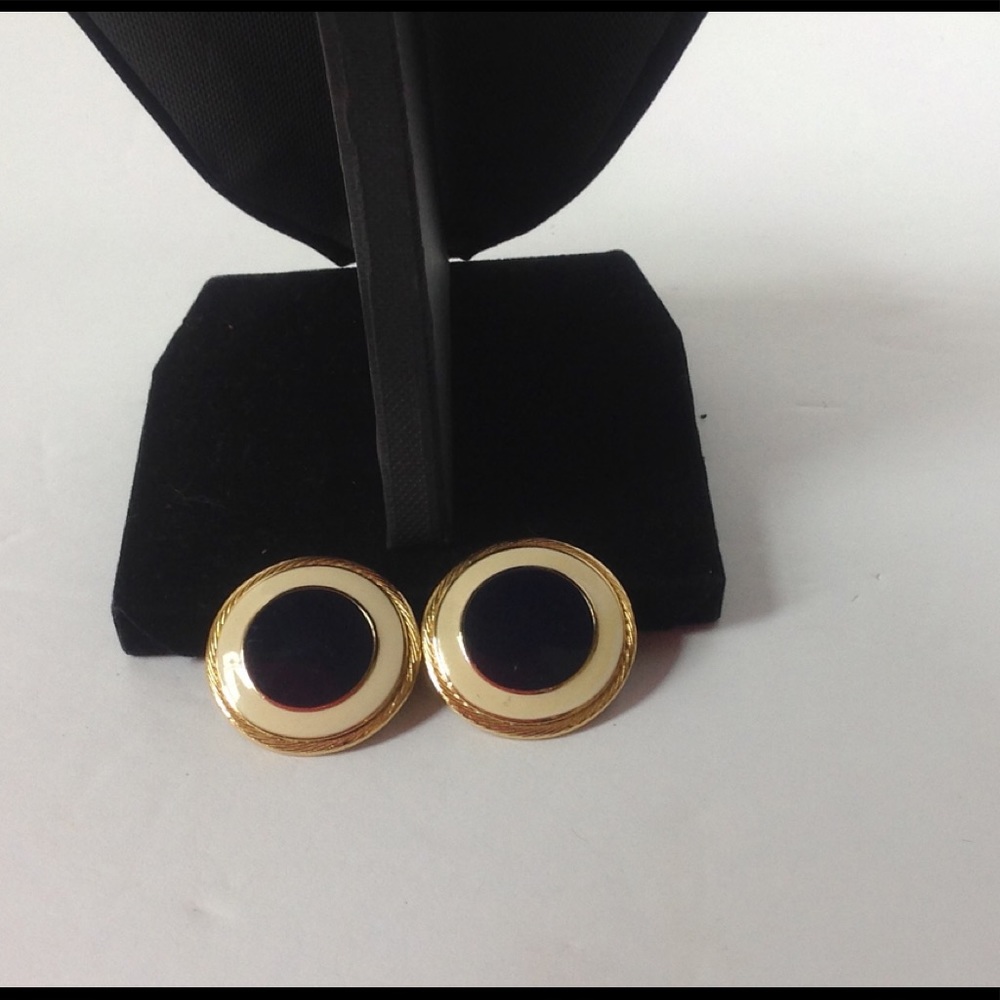 Vintage Blue Gold Earrings Cream Round Clip Enamel